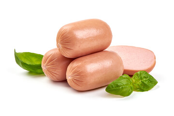 Boiled sausages with basil, isolated on white background