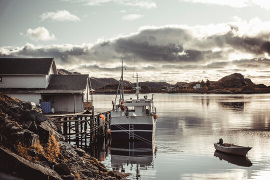 cod drying rooms  and ship of the Sund village in Lofoten