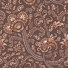 Paisley oriental ornamental pattern. Vector seamless decorative background with floral and geometric ornament. Stylized ethnic flower and leaves.