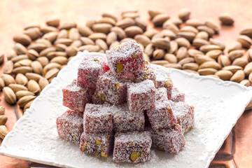 Traditional Turkish Delight. Clean background, traditional presentation.