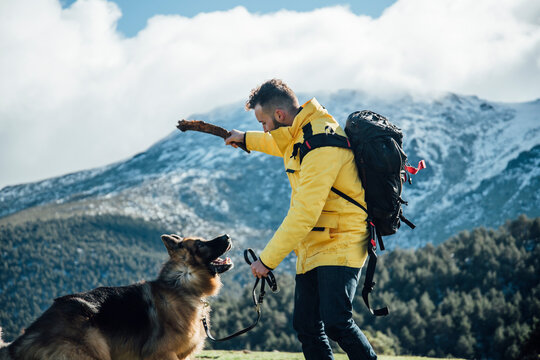 Young man with yellow jacket and backpack plays with German Shepherd d