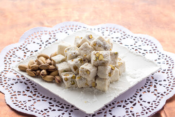 Traditional Turkish Delight. Clean background, traditional presentation.