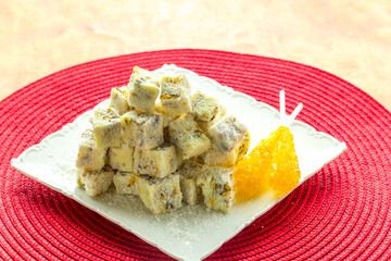 Traditional Turkish Delight. Clean background, traditional presentation.