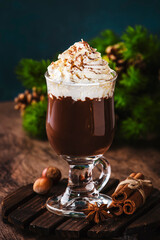 Liquid dark chocolate with whipped cream and cocoa powder. Winter and autumn time drink dessert. Christmas warm beverage. Copy space