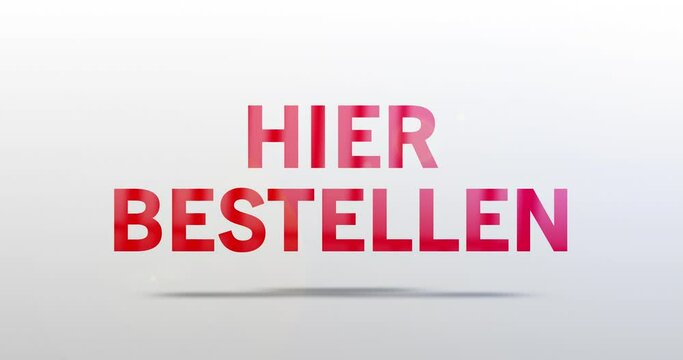Hier bestellen. Partikel Logo. Text Animation. Rotes Wort auf grauem Hintergrund. Hochwertiges Intro