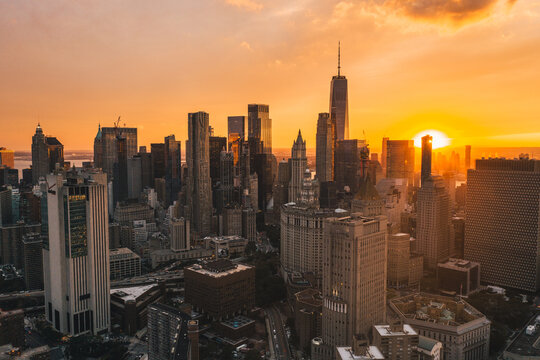 Uptown Manhattan in Golden Hour Sunset Light with Skyline of Skyscrapers Drone Shot