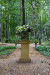 Large vase of flowers on a pedestal stands on the path in the city Park