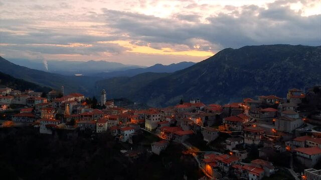 Aerial view over the beautiful historical village Dimitsana during winter period in Arcadia, Peloponnese, Greece