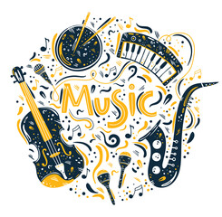 Hand drawn circle illustration with musical instruments and music symbols. Notes, ribbons, lettering, word music. Can be used for poster, t-shirt, music festival banner, album cover. Blue and yellow. 