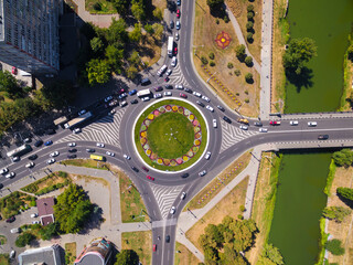 Day aerial view to crossroads roundabout in Gagarina avenue, Kharkiv, Ukraine