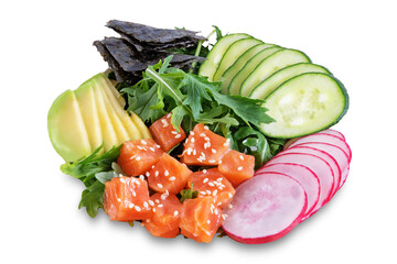 Salmon cucumber avocado Poke bowl on a white isolated background