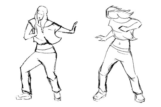 Vector image of two girls dancing modern dance. Rough sketch. Black lines on a white background.
