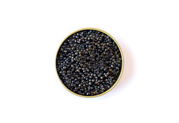 black caviar in a round jar, top view, white background, close up 