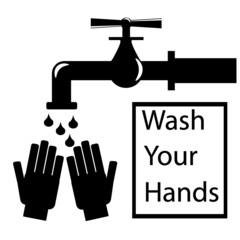 black and white illustration of a tap with flowing water on your hands and the words 