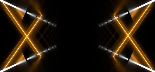 Fototapeta premium A dark corridor lit by colorful neon lights. Reflections on the floor and walls. 3d rendering image.