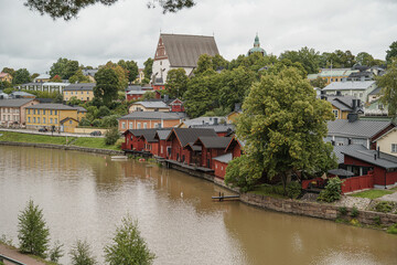 Porvoo, Finland, 09 August 2020 The Porvoonjoki river embankment and the famous red barns stored goods and exotic delicacies brought from distant lands.