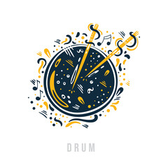 Hand drawn drum with drumsticks with notes, ribbons and dots around it.  Creative design of  percussion musical instrument.  Can be used for poster, t-shirt, music festival banner, cover, logo. 