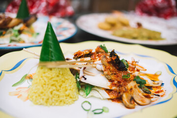 Delicious seafood dish and rice with spicy sauce