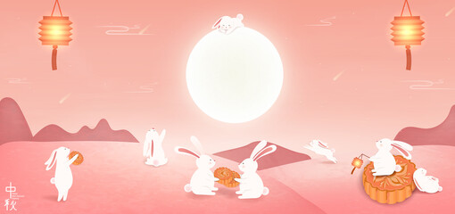Happy Mid autumn festival. Chinese translation: Mid Autumn Festival. Chinese Mid Autumn Festival design template for Banner, flyer, greeting card, poster with full moon, moon rabbits, lotus flower. © pipochka