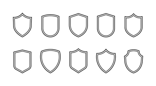 Shield line badges set. Emblems template for prottection, sport club, military and security coat of arms. Vector illustration