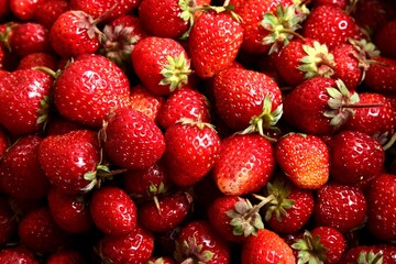 Background from organic strawberry. Close up, top view. Harvest concept.