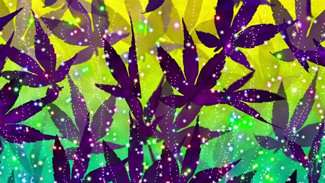 Loop of autumn purple leaves and colorful particles on colorful background.