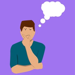 Vector illustration of an isolated pensive man on a purple background. Simple flat style.