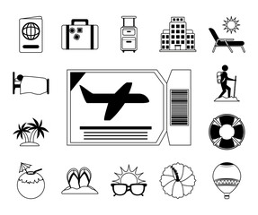 summer vacation travel, passport suitcase hotel palm camera icons line style