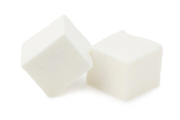Slices feta cheese isolated on white background. Clipping path and full depth of field