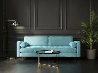 Foto op Plexiglas 3d render of a dark grey living room with a turqoise sofa and an art canvas  © Michael