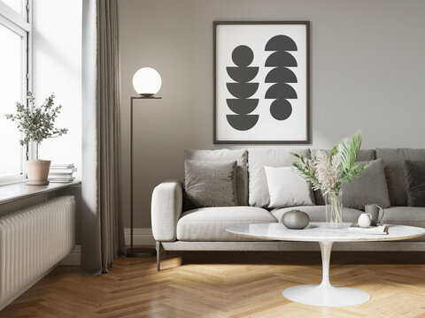 3d render of a cosy living room with a grey sofa an art canvas and a white table