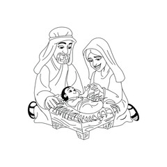 Image for the holiday of Merry Christmas Christ. Icon Joseph Mary and the baby in the manger. Flat black and white vector graphics for church.