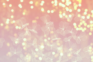 Flock of abstract mesh butterflies and blurry lights background. Wireframe technology structure. For web site, poster, placard and wallpaper. 3d illustration