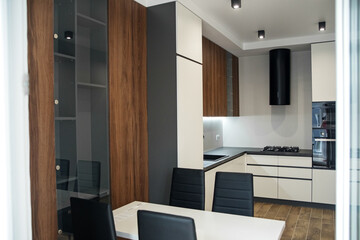 The interior of a beautiful light kitchen. Cozy home