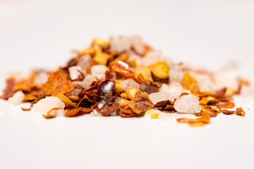 Indian spices selection over dark wooden table. Food or spicy cooking concept, Healthy eating Background.