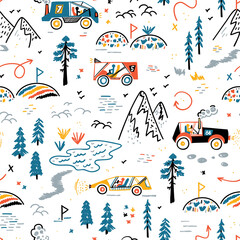 Off-road Racing. Mountain Forest Rally. Toy Car Racing Vector Seamless Pattern. Doodle Buggy Cars and Mountain Forest Terrain. Cartoon Transportation Colorful Background for Kids © AllNikArt