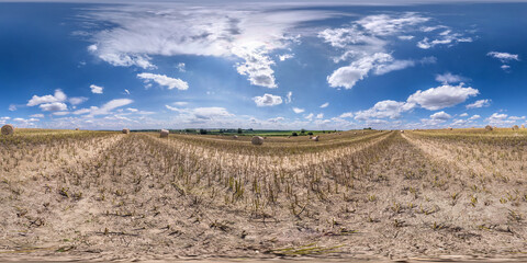 full seamless spherical hdri panorama 360 degrees angle view on among fields in summer day with awesome clouds in equirectangular projection, ready for VR AR virtual reality content