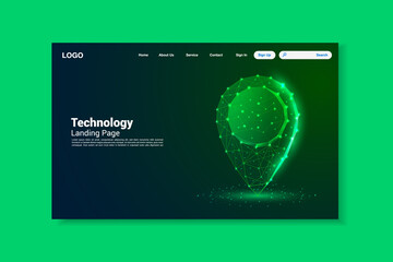 Green location icon lines landing page, triangles and particle style design, vector