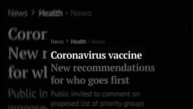 Coronavirus Vaccine white text highlighted among random words on black background, similar to newspaper articles across the globe. Covid-19 vaccine breakthrough concept.