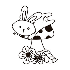 Fototapeta na wymiar cute bunny jumping mushroom and flowers autumn season isolated icon line style