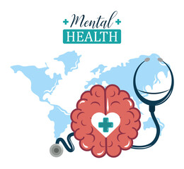 mental health day, world stethoscope and brain, psychology medical treatment
