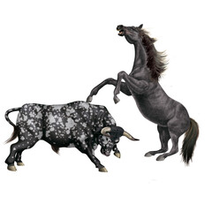 Fototapeta premium cheval, combat, taureau, tacheté, force, dangereux, animal, isolé, blanc, noir, étalon, mammifère, ferme, silhouette, illustration, nature, galop, animal de compagnie, sauvage, brun, 3-d, arabe, ch