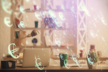 Double exposure of stock market graph drawing and office interior background. Concept of financial analysis.