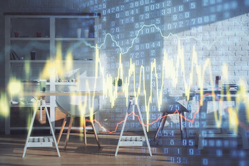 Double exposure of financial graph drawing and office interior background. Concept of stock market.