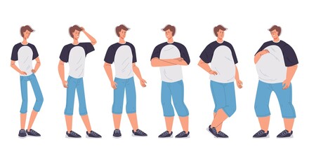 Male character body figure change form underweight slim to oversized extremely morbidly obese. Man having different body mass index, shape, weight, standing in row. Obesity degree. Dieting effect