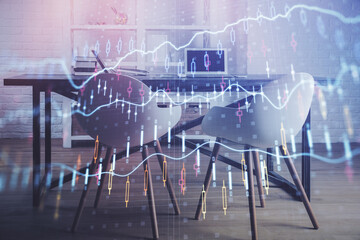 Multi exposure of financial graph drawing and office interior background. Concept of market analysis.