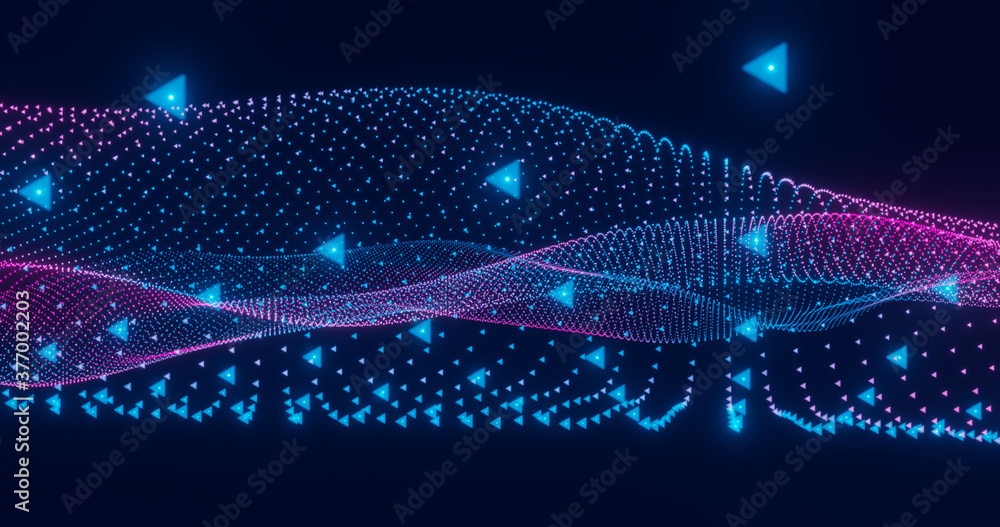 Poster 3d rendering. fantastic background of bright glowing particles in deep space. particle waves on blac