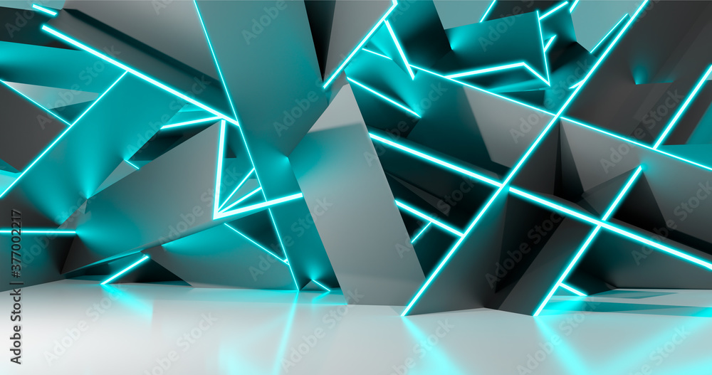Poster 3d rendering. abstract interior background with randomly arranged panels with luminous side faces wi