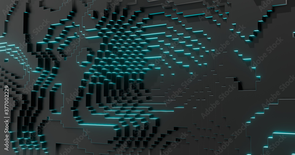 Poster 3d rendering. cubic embossed surface with neon glow. abstract background for your design.