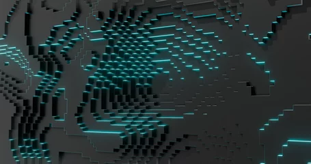 Fotobehang Minecraft 3d rendering. Cubic embossed surface with neon glow. Abstract background for your design.  © shacil